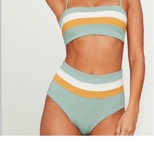 L*Space Rebel Stripe Bikini Green/Yellow Reversible Bikini Set - Med